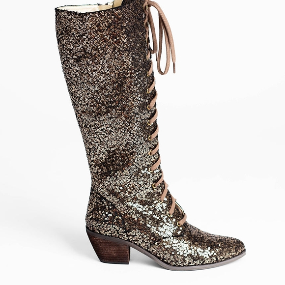 Joyfolie Bryce Boots In Bronze Sequin Lace-Up Knee-High - Sz9 - Picture 5 of 17